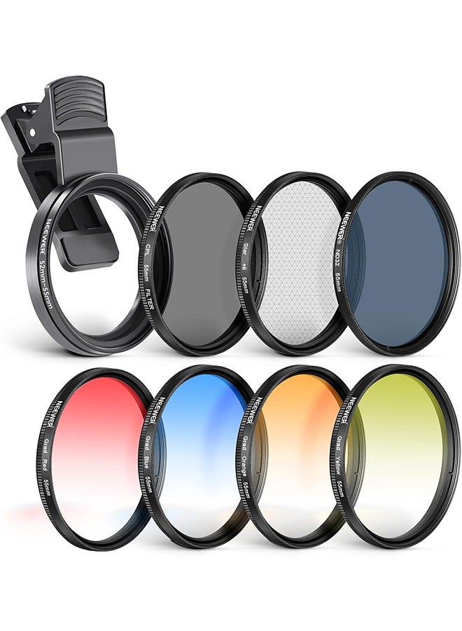 NEEWER 55mm ND/CPL/Effect Filter Set with Mobile Phone Camera Lens Clamp Clip, Polarizing ND32 6 Point Star 4 Graduated Colour Filters Kit Compatible with iPhone 16 15 14 Pro Max Plus 13 12 Samsung - Image 1