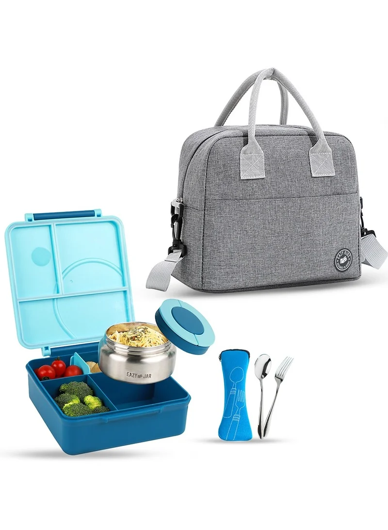 Eazy Kids Eazy Kids Jumbo Bento Lunch Box w/Blue Lunch Bag , Food Jar and Cutlery - Blue