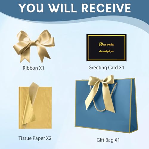 JMANNI Gift Bags with Handles, 13” Medium Gift Bag for Presents, 1 Pcs Bags with 2 Tissue Paper and 1 Cards for Graduation Baby Shower Wedding Fathers Day Mother's Day Birthday Party (GoldenBlue) - Image 2