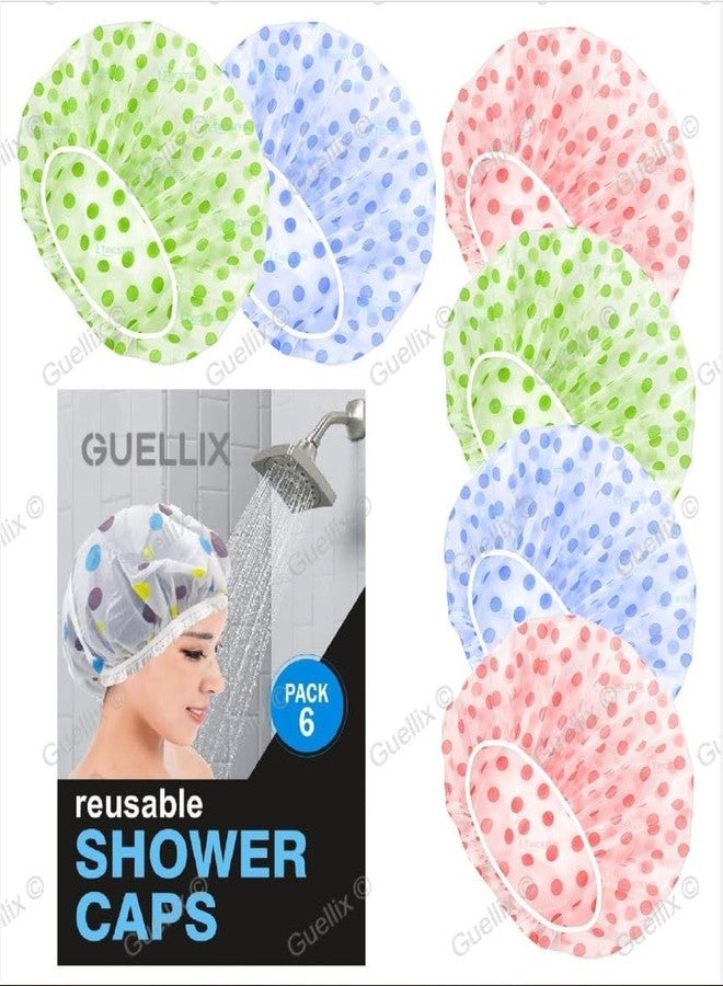 Guellix Shower Cap, Pack of 6, Reusable Waterproof Elastic Caps for Women, Multicoloured Polka Dot Design - Image 2