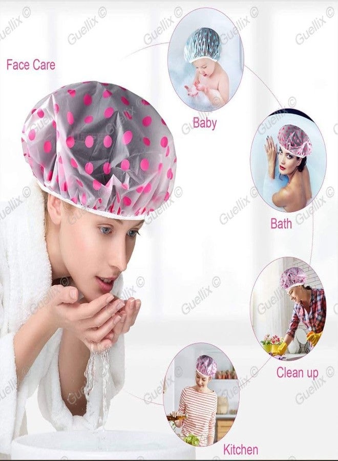 Guellix Shower Cap, Pack of 6, Reusable Waterproof Elastic Caps for Women, Multicoloured Polka Dot Design - Image 5