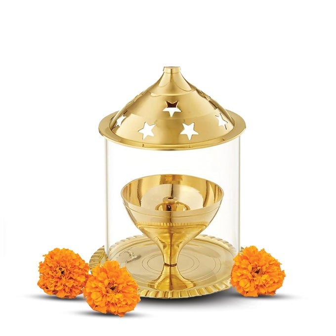 NITYA AKHAND JYOT AARADHYA BRASS POOJA DIYA FOR PUJA RELIGIOUS RITUALS WITH BOROSILICATE GLASS COVER FOR HOMEOFFICE TEMPLE TRADITIONAL GIFTING 68 INCH HEIGHT 251GMS