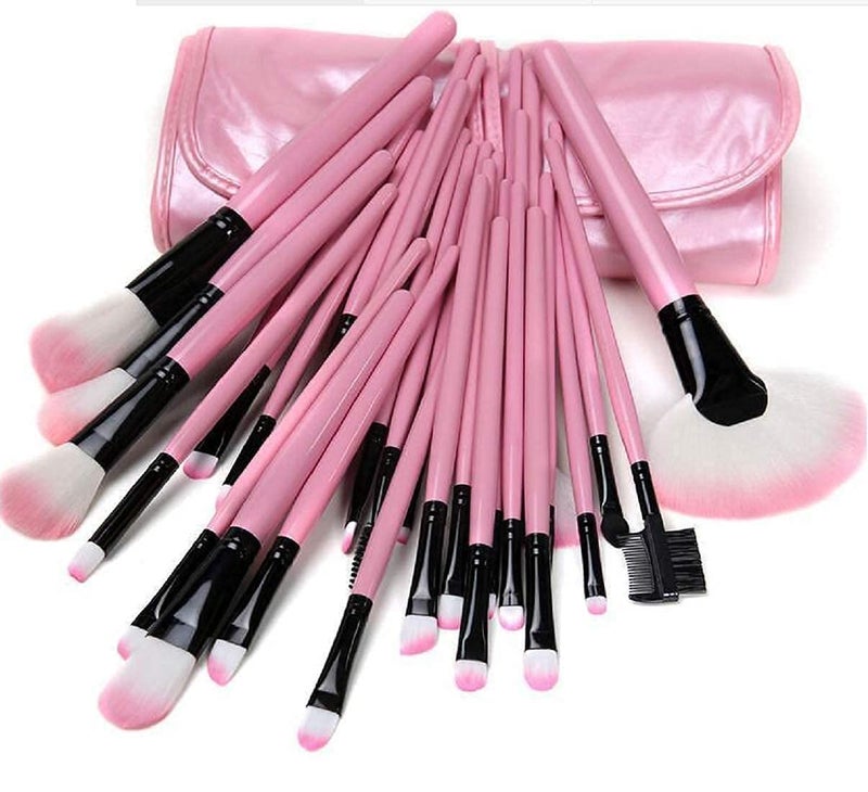 advancedestore Professional Wood Make Up Brushes Sets With Leather Storage Pouch  Pink  Set of 24 Brushes - Image 1