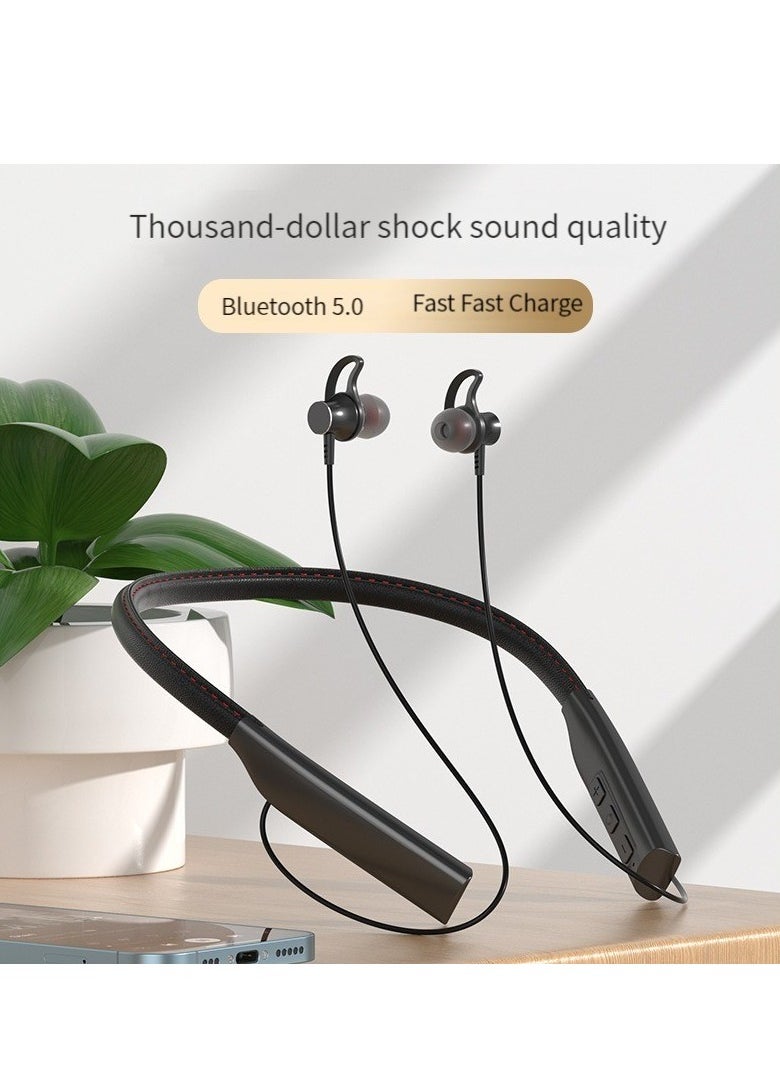 New leather Bluetooth headset with ultra-fast flash charging and long battery life in-ear wireless neck-mounted sports Bluetooth headset (black)  - Image 1