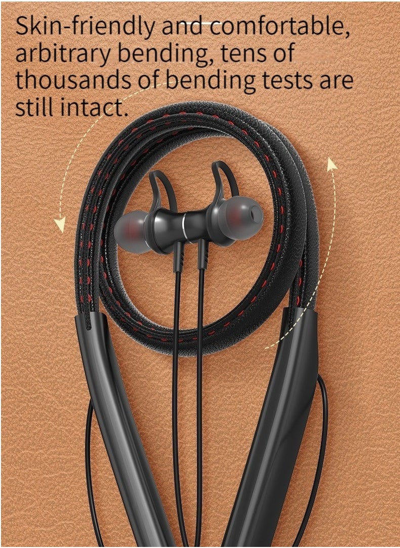 New leather Bluetooth headset with ultra-fast flash charging and long battery life in-ear wireless neck-mounted sports Bluetooth headset (black)  - Image 2
