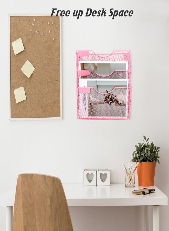 EASEPRES Mail Organizer Wall Mount Hanging File Holder Storage, Metal Chicken Wire Magazine Rack 3 Tier, Pink - Image 4
