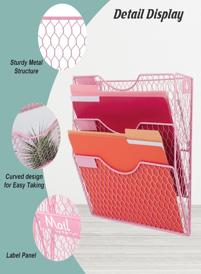 EASEPRES Mail Organizer Wall Mount Hanging File Holder Storage, Metal Chicken Wire Magazine Rack 3 Tier, Pink - Image 3