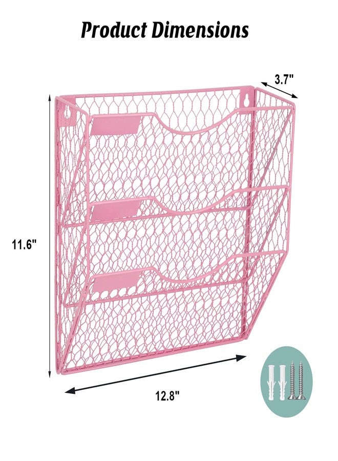 EASEPRES Mail Organizer Wall Mount Hanging File Holder Storage, Metal Chicken Wire Magazine Rack 3 Tier, Pink - Image 2