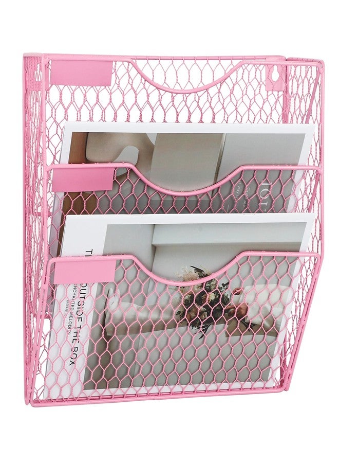 EASEPRES Mail Organizer Wall Mount Hanging File Holder Storage, Metal Chicken Wire Magazine Rack 3 Tier, Pink - Image 1