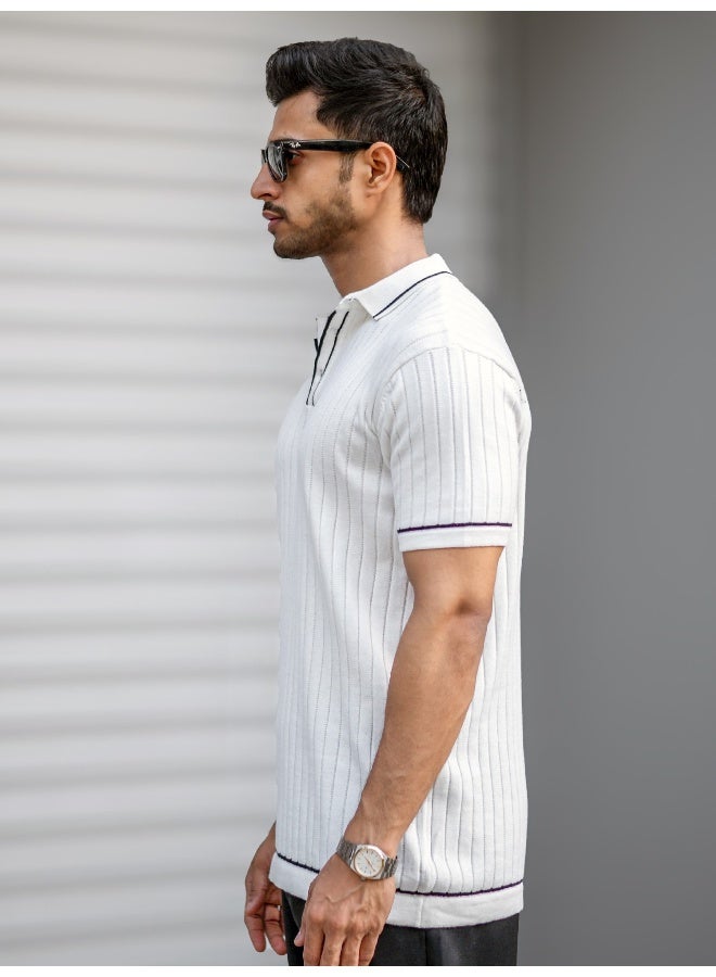 Maniac Maniac Mens Textured White & Black Polo Neck Half Sleeve Cotton Tshirt  - Image 1