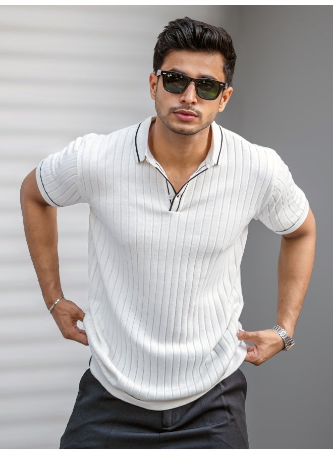 Maniac Maniac Mens Textured White & Black Polo Neck Half Sleeve Cotton Tshirt  - Image 2