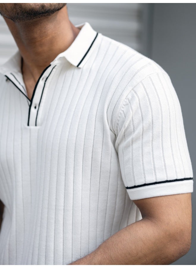 Maniac Maniac Mens Textured White & Black Polo Neck Half Sleeve Cotton Tshirt  - Image 5