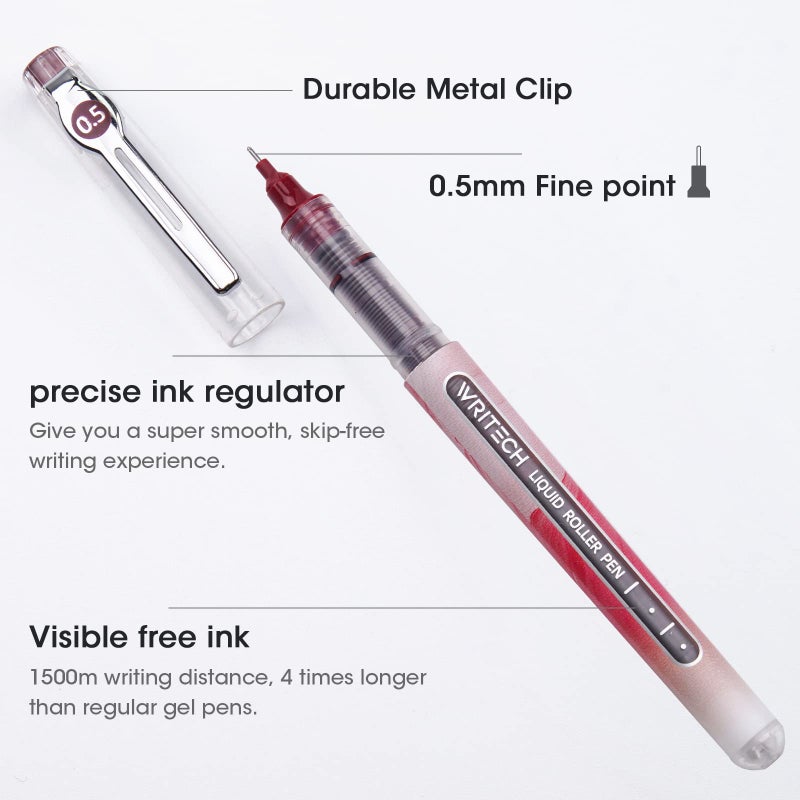WRITECH Liquid Ink Rollerball Pens: Multi Colored 0.5mm Extra Fine Point Tip Rolling Roller Ball Pen 8ct Assorted Colors for Journaling Smooth Writing Note Taking No Bleed & Smudge & Smear - Image 3
