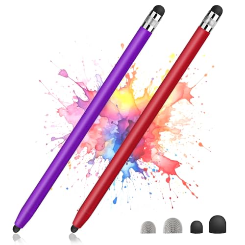 IOUALEY 2 Pack Stylus Pens for Touch Screens, High Sensitivity Precision Capacitive Stylus Pen Compatible with iPad iPhone Samsung Tablets All Universal Touchscreen Devices with 4 Rubber Tips (Red,Purple) - Image 1