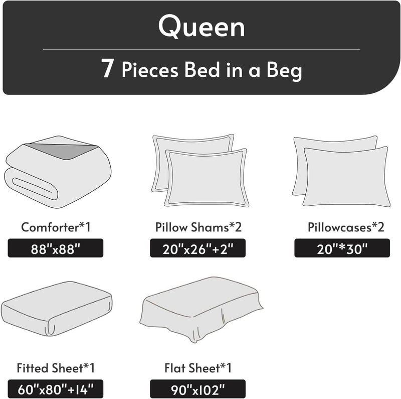 MUXHOMO Blossom Blue Bed in a Bag Queen 7 Pieces, Queen Comforter Set Reversible Botanical Flowers Design, Ultra Soft & Breathable Bedding Sets with Comforter, Sheets, Pillowcases & Shams - Image 3