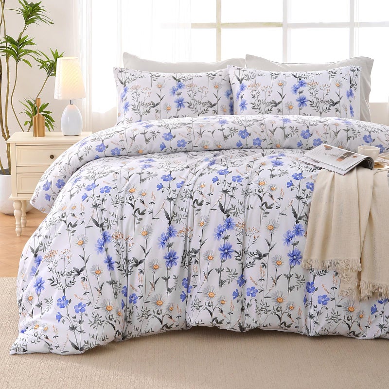 MUXHOMO Blossom Blue Bed in a Bag Queen 7 Pieces, Queen Comforter Set Reversible Botanical Flowers Design, Ultra Soft & Breathable Bedding Sets with Comforter, Sheets, Pillowcases & Shams - Image 1