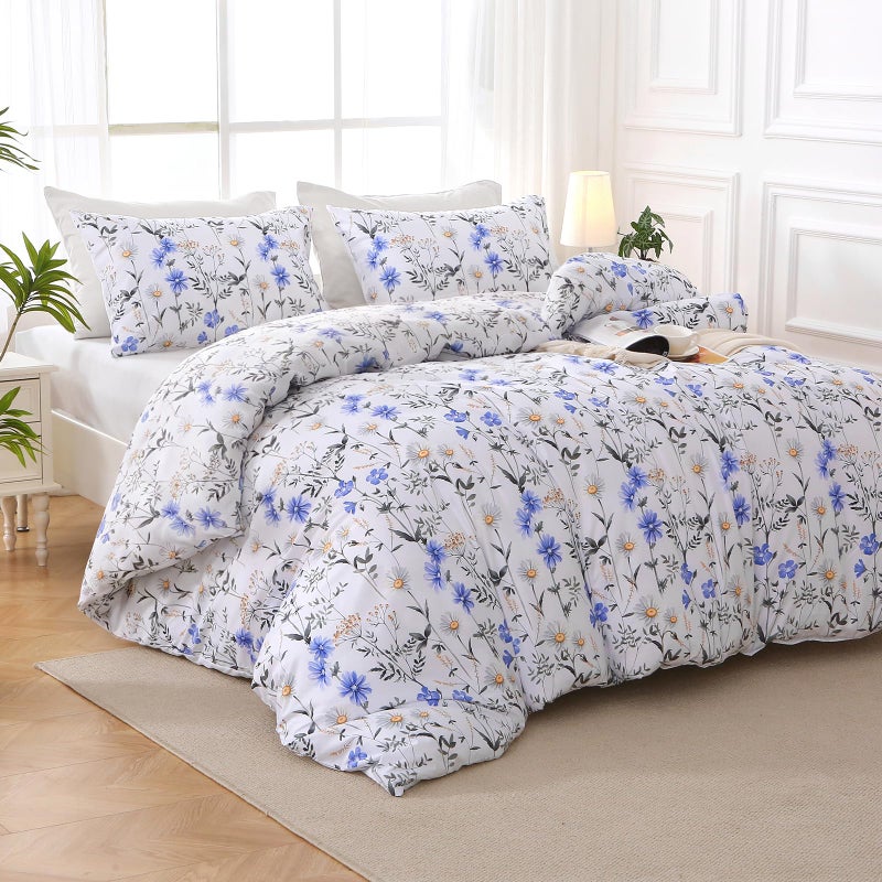MUXHOMO Blossom Blue Bed in a Bag Queen 7 Pieces, Queen Comforter Set Reversible Botanical Flowers Design, Ultra Soft & Breathable Bedding Sets with Comforter, Sheets, Pillowcases & Shams - Image 2