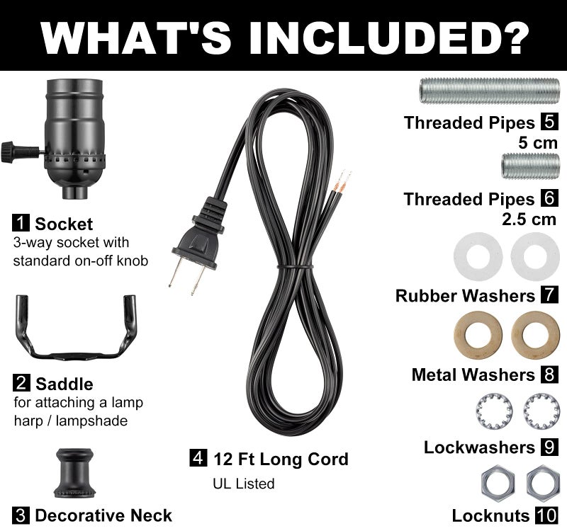 Qc Black Lamp Rewire Kit, Lamp Wiring Kit with 12 FT Lamp Cord Replacement, 3 Way Socket and Essential Hardware, Lamp Parts for Repair Table Lamps and Floor Lamps, Lamp Kits for Do It Yourself - Image 2