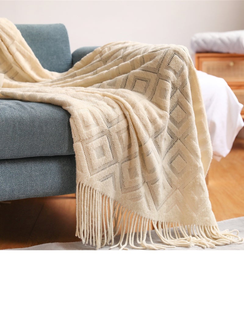 Loquat Solid Color Tassel Design Jacquard Weave Knitted Soft Throw Blanket Beige 