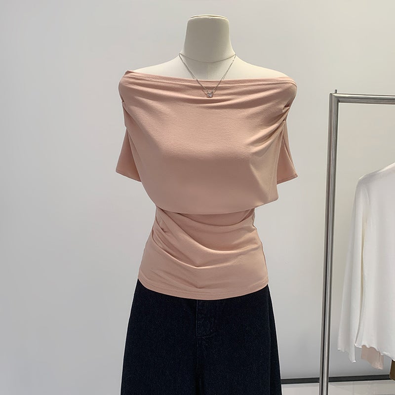 2025 Elegant French Style Girl Slant Shoulder Short-Sleeved T-Shirt Women'S Tight Waist Pleated Slim-Fit Slimming Dew - Image 1