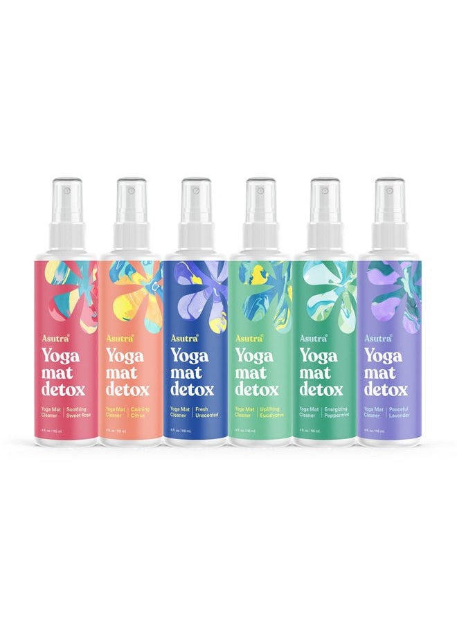 Asutra Yoga Mat Cleaner Spray Variety Pack (All Scents), 4 fl oz (Pack of 6) - No Slippery Residue, Organic Essential Oils, Deep-Cleansing for Fitness Gear & Gym Equipment, Microfiber Towels Included  - Image 1