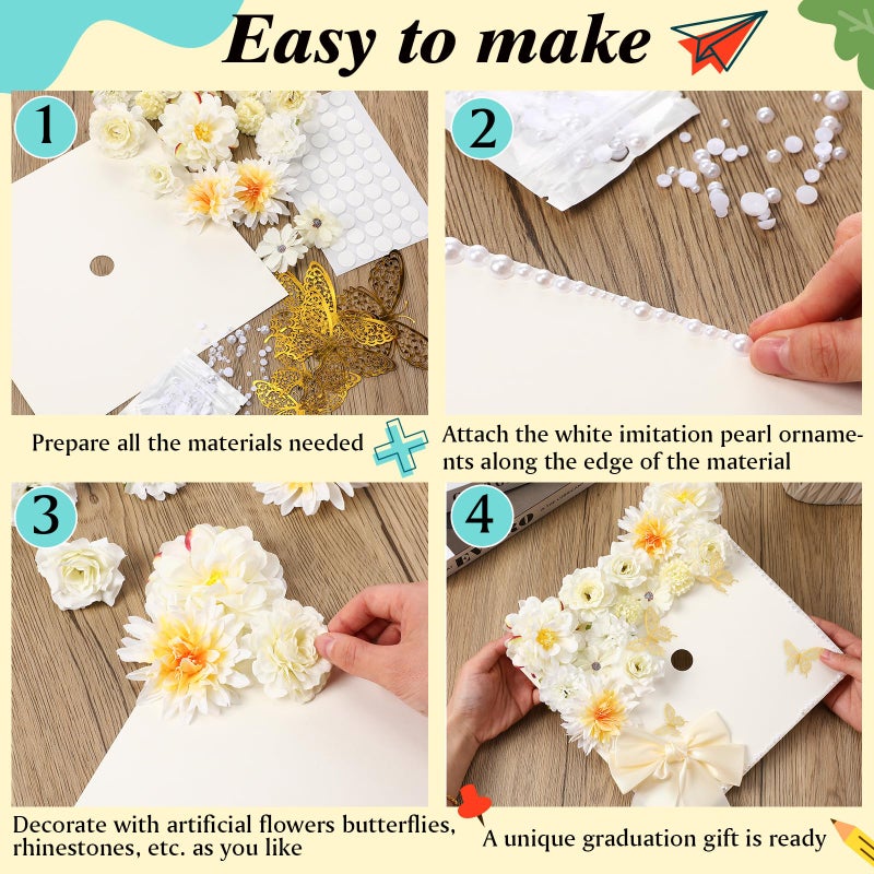 MotiMind 41 Pcs DIY Graduation Grad Cap Decoration Kit 12 Cream Construction Paper with Artificial Flower Heads 3D Butterfly Stickers Pearl Adhesive Dots Bow for DIY Grad Cap Topper (Beige) - Image 4
