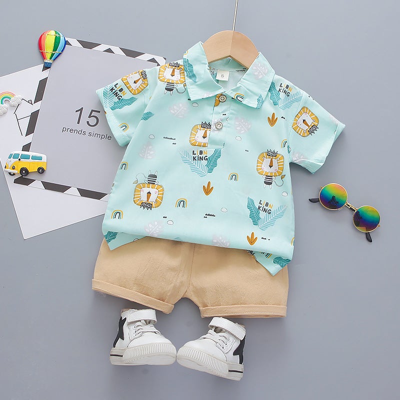 Babys Summer Dress Boys Babys Short-sleeved suit Handsome Short-sleeved Shirt Fashionable Two-piece Set Childrens Thin Casual Wear Green