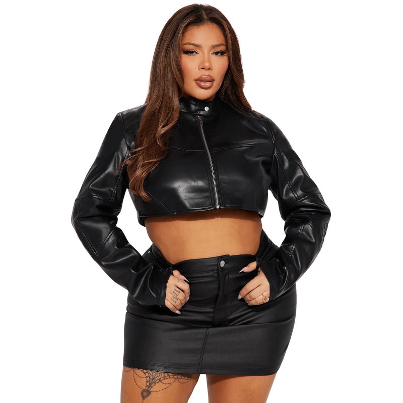 Charyeah Women's Fashion Faux Leather Jacket Crop Short Cropped PU Slim Zip Up Moto Biker Coat Motorcycle Jackets Coat (US, Alpha, Large, Regular, Regular, Black) - Image 5