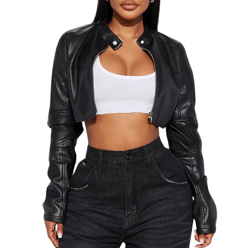 Charyeah Women's Fashion Faux Leather Jacket Crop Short Cropped PU Slim Zip Up Moto Biker Coat Motorcycle Jackets Coat (US, Alpha, Large, Regular, Regular, Black) - Image 3