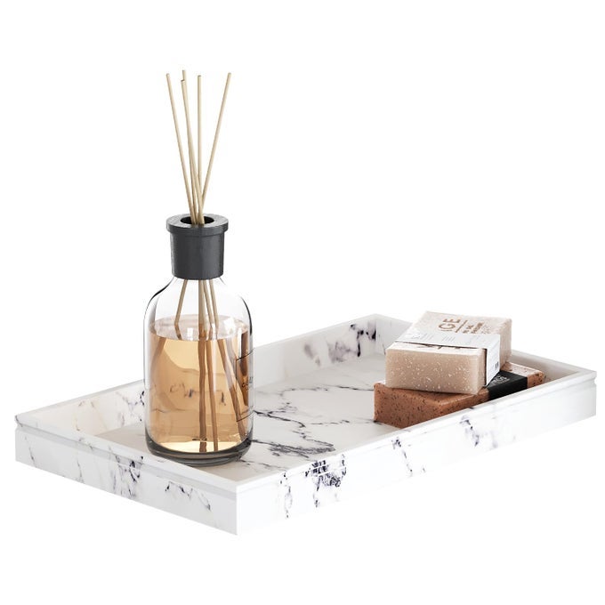 WHITE MARBLE LOOK DECOR TRAY COFFEE TABLE TRAY DECOR ELEGANT BATHROOM DECORATIVE TRAY FOR DISPLAYING PERFUME BATH AND DECOR ITEMS IN BATHROOM LIVINGDINING ROOM 10 LX6 WX1 H