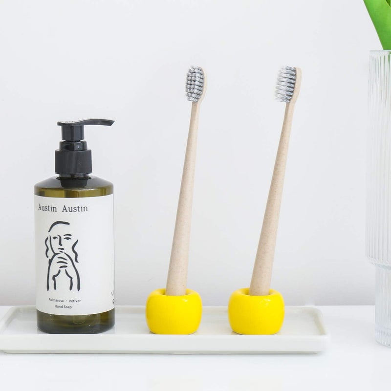 amoon Mini Ceramic Toothbrush Holder for Bathroom - Yellow Small Countertop Organizer, Easy Clean Toothbrush Stand, Suit for Electric Toothbrush Head, Pens & Coffee Spoon, Pack of 2 - Image 5