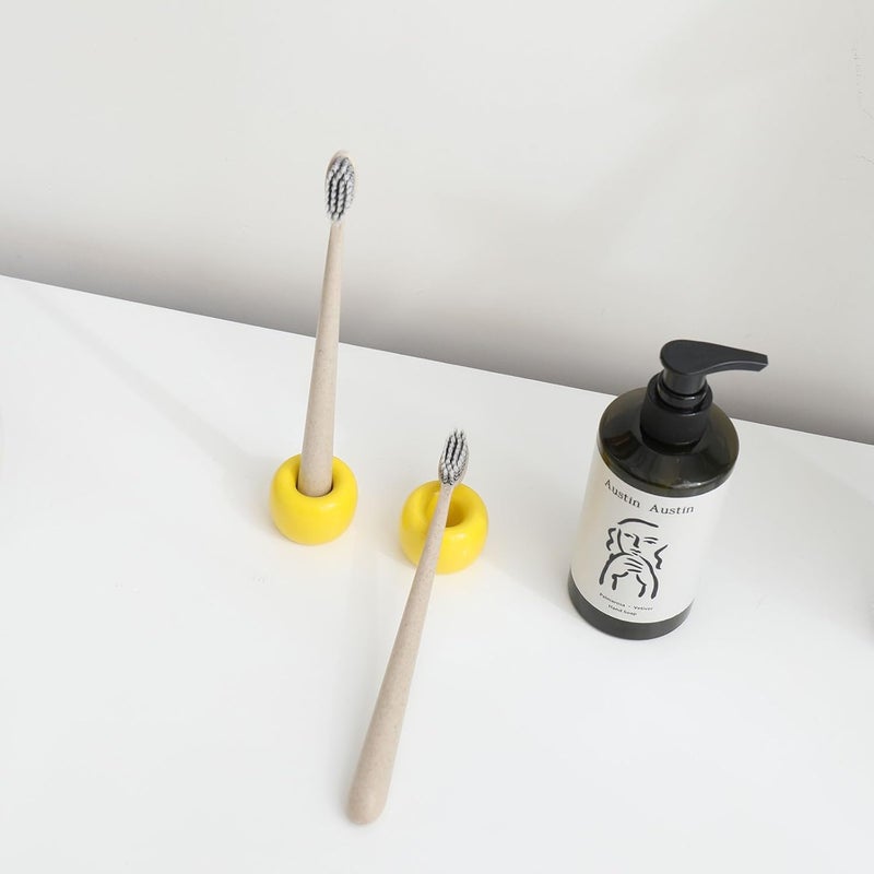 amoon Mini Ceramic Toothbrush Holder for Bathroom - Yellow Small Countertop Organizer, Easy Clean Toothbrush Stand, Suit for Electric Toothbrush Head, Pens & Coffee Spoon, Pack of 2 - Image 2