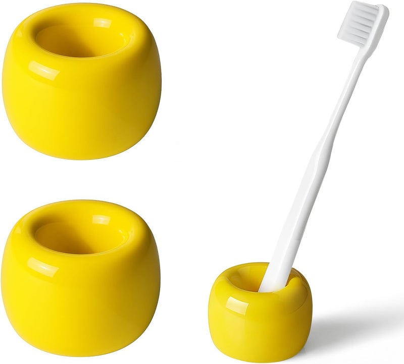 amoon Mini Ceramic Toothbrush Holder for Bathroom - Yellow Small Countertop Organizer, Easy Clean Toothbrush Stand, Suit for Electric Toothbrush Head, Pens & Coffee Spoon, Pack of 2 - Image 1