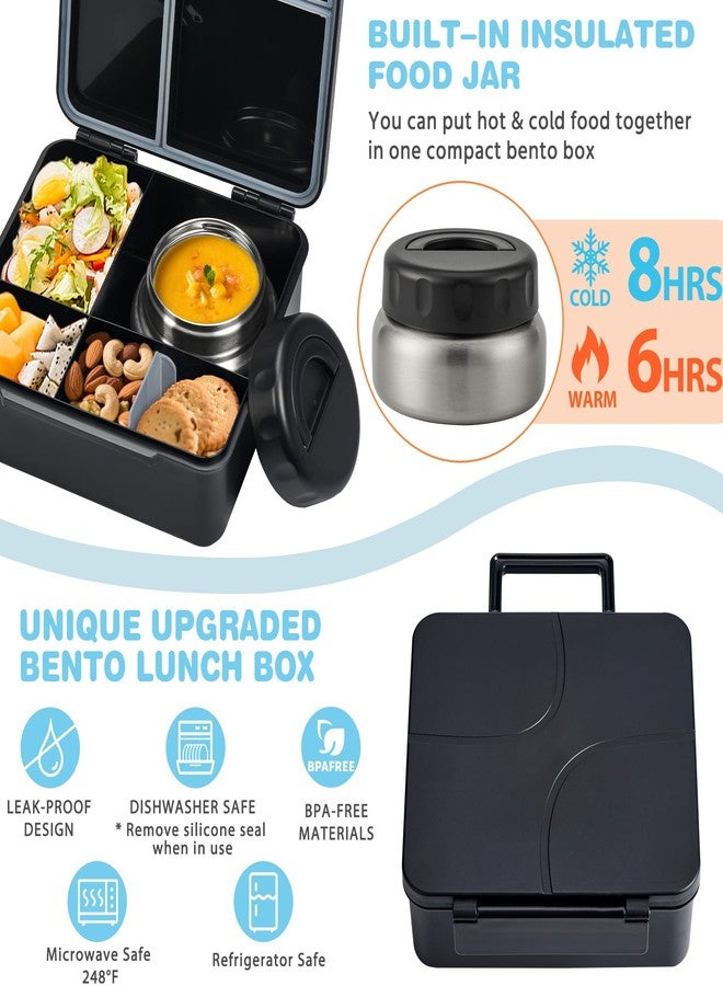 BABHAMNESS Bento Lunch Box with 9.5 oz Soup Thermo, Kids Leakproof 4 Compartments Bento Box with Silicone Cupcake,Fruit Fork,Spoon and Sauce Cup,Insulated Food Jar for School Travel-Black - Image 4