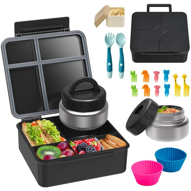 BABHAMNESS Bento Lunch Box with 9.5 oz Soup Thermo, Kids Leakproof 4 Compartments Bento Box with Silicone Cupcake,Fruit Fork,Spoon and Sauce Cup,Insulated Food Jar for School Travel-Black - Image 1