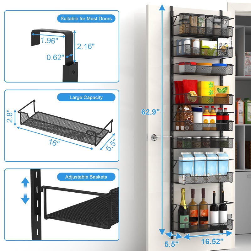 VyGrow Over the Door Pantry Organizer, 8-Tier Over the Door Organizer with Adjustable Basket, Pantry Door Organization for Pantry Kitchen Storage Room Spice Rack, Black - Image 3