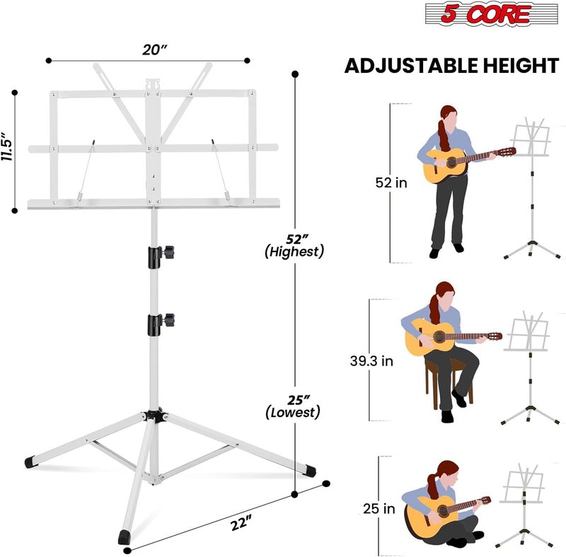 5 Core Music Stand Height Adjustable Desktop Book Stands Portable Sheet Holder All Metal Bookstand Foldable Atril Para Partituras w Carrying Bag & Clip White - MUS FLD WH - Image 3