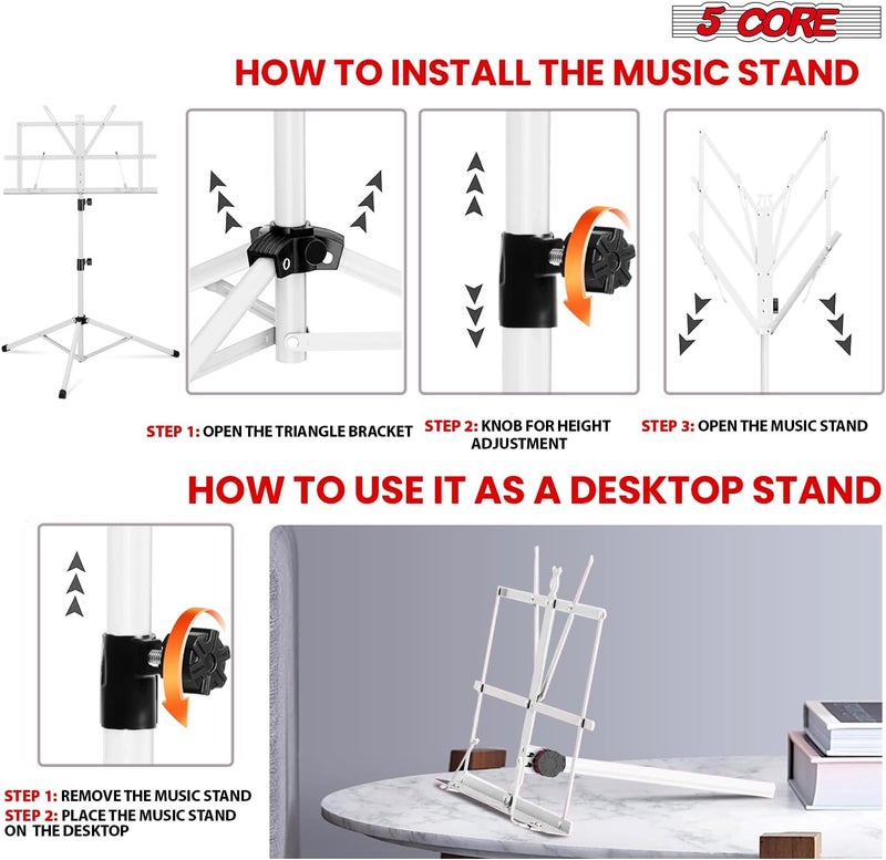5 Core Music Stand Height Adjustable Desktop Book Stands Portable Sheet Holder All Metal Bookstand Foldable Atril Para Partituras w Carrying Bag & Clip White - MUS FLD WH - Image 4