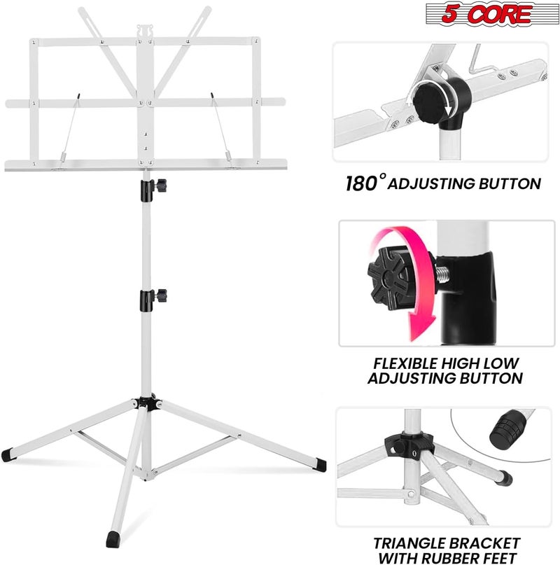 5 Core Music Stand Height Adjustable Desktop Book Stands Portable Sheet Holder All Metal Bookstand Foldable Atril Para Partituras w Carrying Bag & Clip White - MUS FLD WH - Image 2