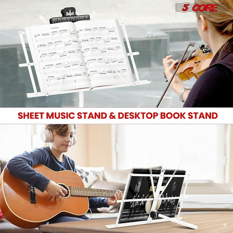5 Core Music Stand Height Adjustable Desktop Book Stands Portable Sheet Holder All Metal Bookstand Foldable Atril Para Partituras w Carrying Bag & Clip White - MUS FLD WH - Image 5