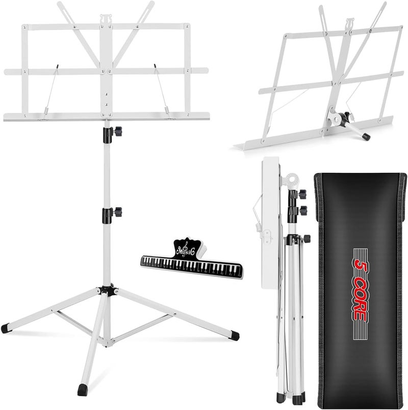 5 Core Music Stand Height Adjustable Desktop Book Stands Portable Sheet Holder All Metal Bookstand Foldable Atril Para Partituras w Carrying Bag & Clip White - MUS FLD WH - Image 1