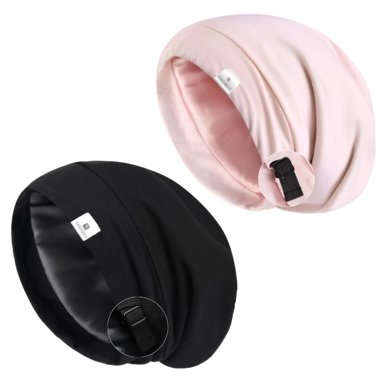 YANIBEST 2 Pcs Silk Bonnet Satin Bonnet Hair Cover Bonnet Sleep Cap Adjustable Saty on Satin Lined Slouchy Beanie Hat for Women