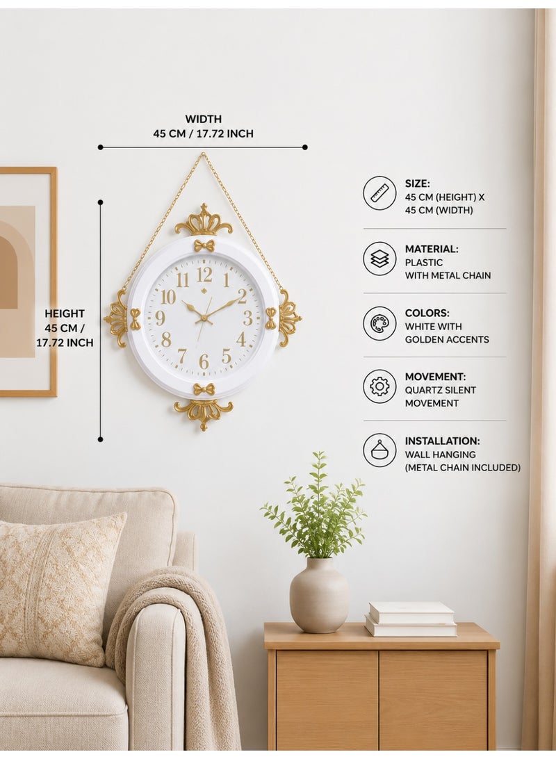 Luxury Decorative Wall Clock With Metal Hanging Chain, White And Gold, 45 X 45 Cm - Image 2