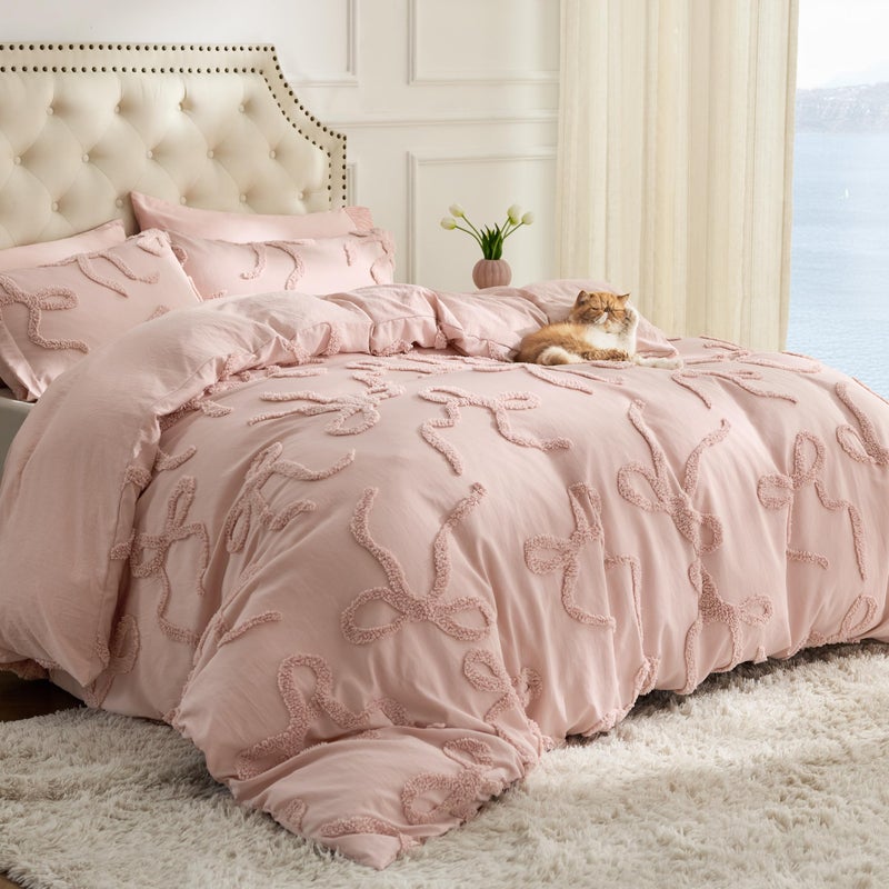 Bedsure Tufted Rose Pink Queen Size Comforter Sets, GentleSoftâ„¢ 3 Pieces Bow Cute Bedding Pink Room Decor, Gifts for Girls Teens Women, All Seasons, 1 Bed Comforter, 2 Pillow Shams, 90x90 Inches - Image 1