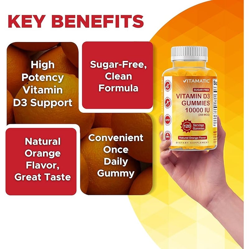 Vitamatic Sugar Free Vitamin D3 10000 IU - 120 Pectin Based Gummies - Great Taste - Healthy Bones, Mood & Immune System Function - Non-GMO - 120 Servings - Image 5