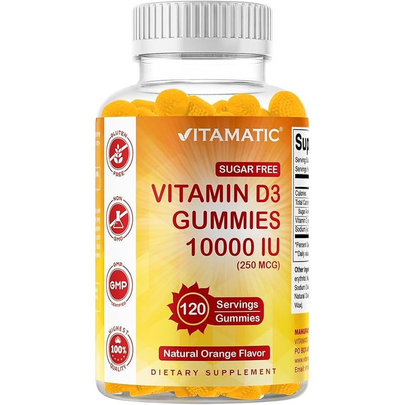 Vitamatic Sugar Free Vitamin D3 10000 IU - 120 Pectin Based Gummies - Great Taste - Healthy Bones, Mood & Immune System Function - Non-GMO - 120 Servings - Image 1