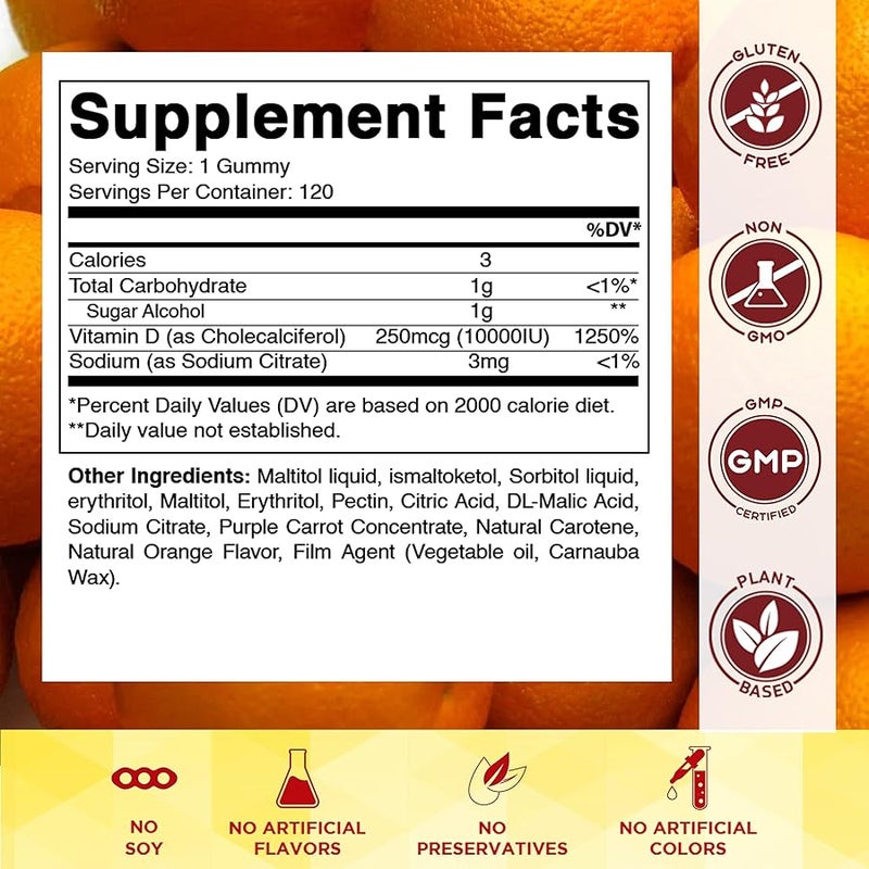 Vitamatic Sugar Free Vitamin D3 10000 IU - 120 Pectin Based Gummies - Great Taste - Healthy Bones, Mood & Immune System Function - Non-GMO - 120 Servings - Image 2