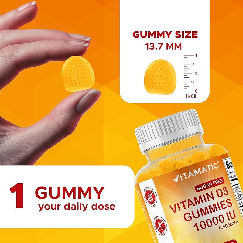 Vitamatic Sugar Free Vitamin D3 10000 IU - 120 Pectin Based Gummies - Great Taste - Healthy Bones, Mood & Immune System Function - Non-GMO - 120 Servings - Image 3