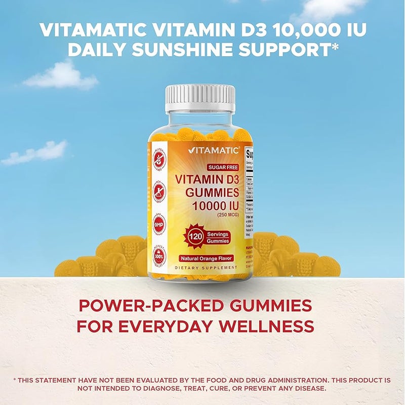 Vitamatic Sugar Free Vitamin D3 10000 IU - 120 Pectin Based Gummies - Great Taste - Healthy Bones, Mood & Immune System Function - Non-GMO - 120 Servings - Image 4