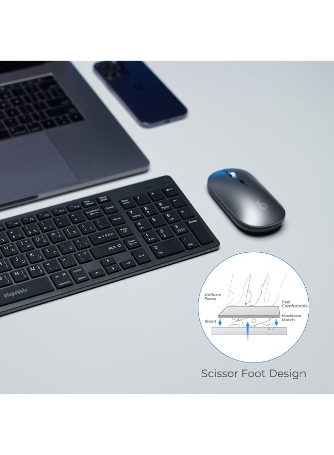 blupebble Magic Pebble Combo 102 Keys English Arabic Wireless Keyboard and Mouse Set with Numpad, Rechargeable Bluetooth + 2.4GHz Dual Mode, USB-C Slim Keyboard Compatible with Windows MacOS Android - Image 5